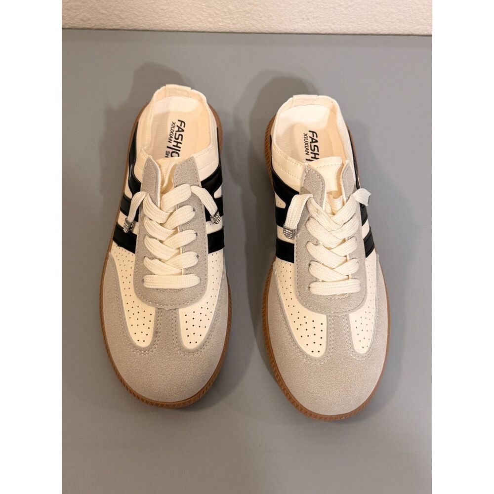 Women’s Size 8 Gray Black Cream Retro Low Top Sneakers Gum Sole Casual Shoes